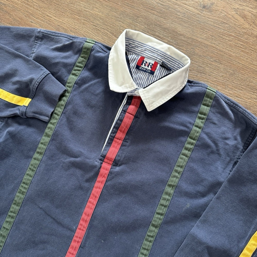 VTG Y2K Rugby Style Striped Colorblock Polo Shirt Men's Sz L R&R Jean Co Multi
